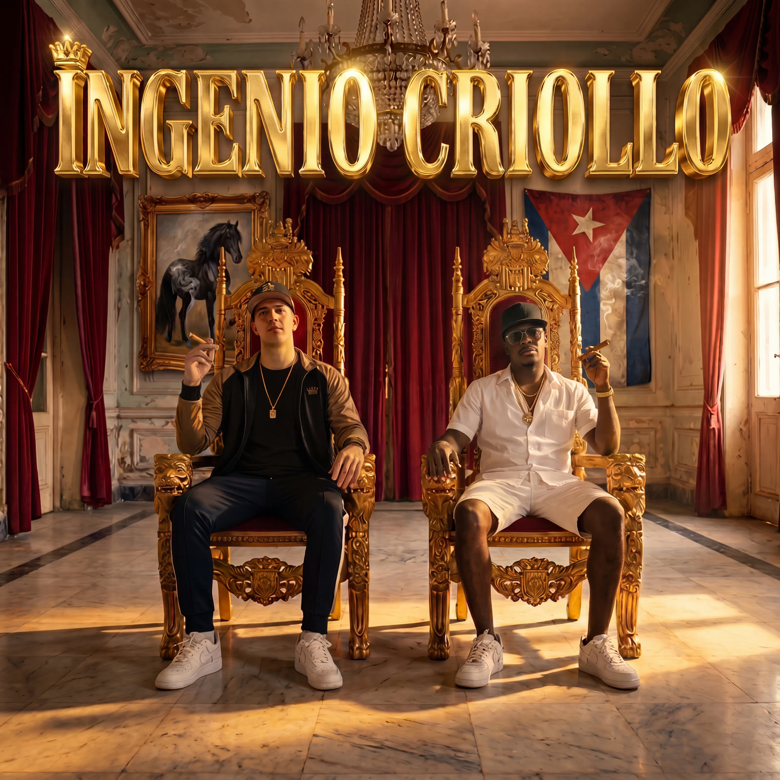 Ingenio Criollo — portada de la banda: el dúo en tronos dorados